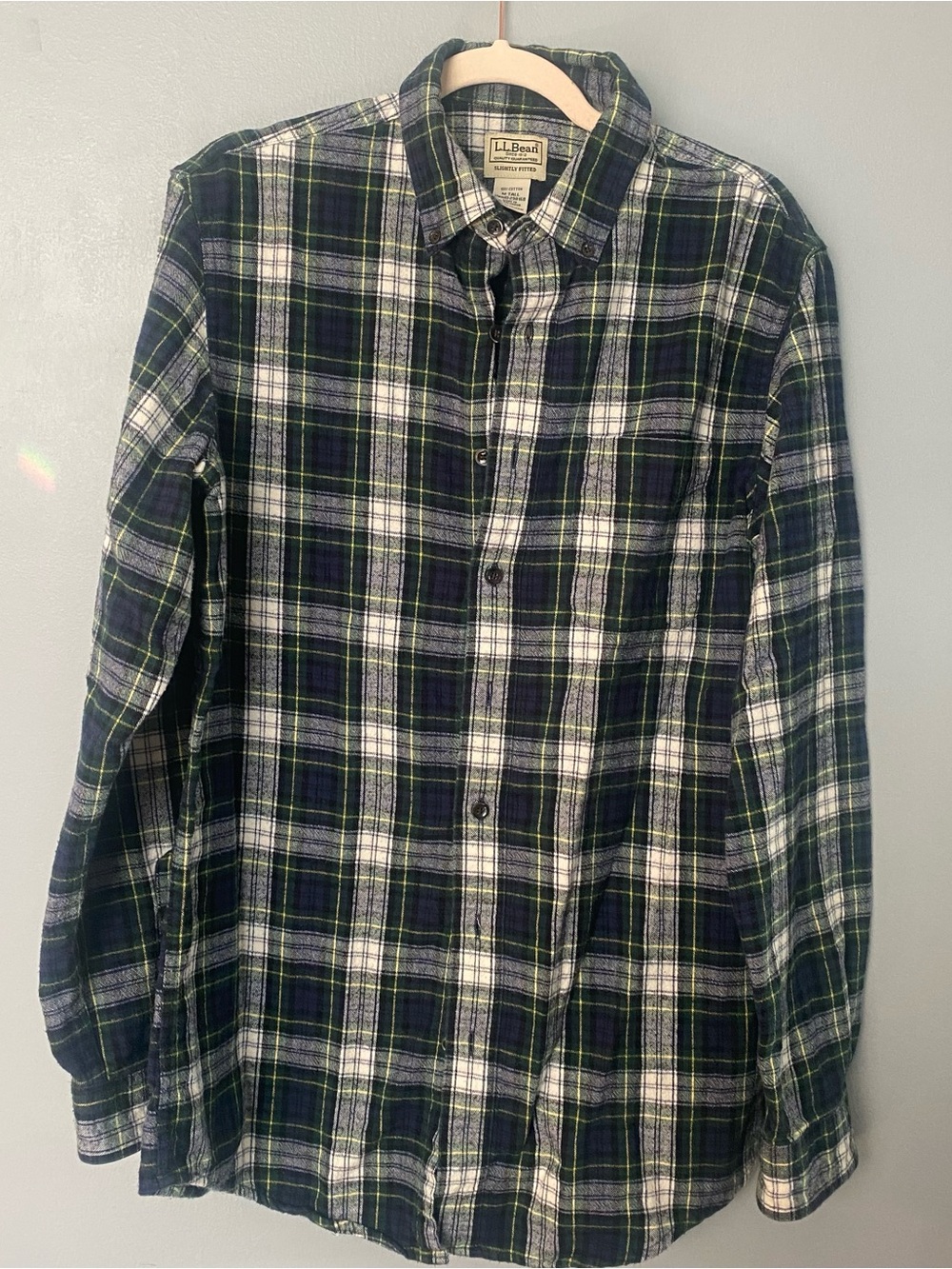 L.L. Bean Men's Green Plaid Flannel Button-Up Shirt 100% cotton Med Tall